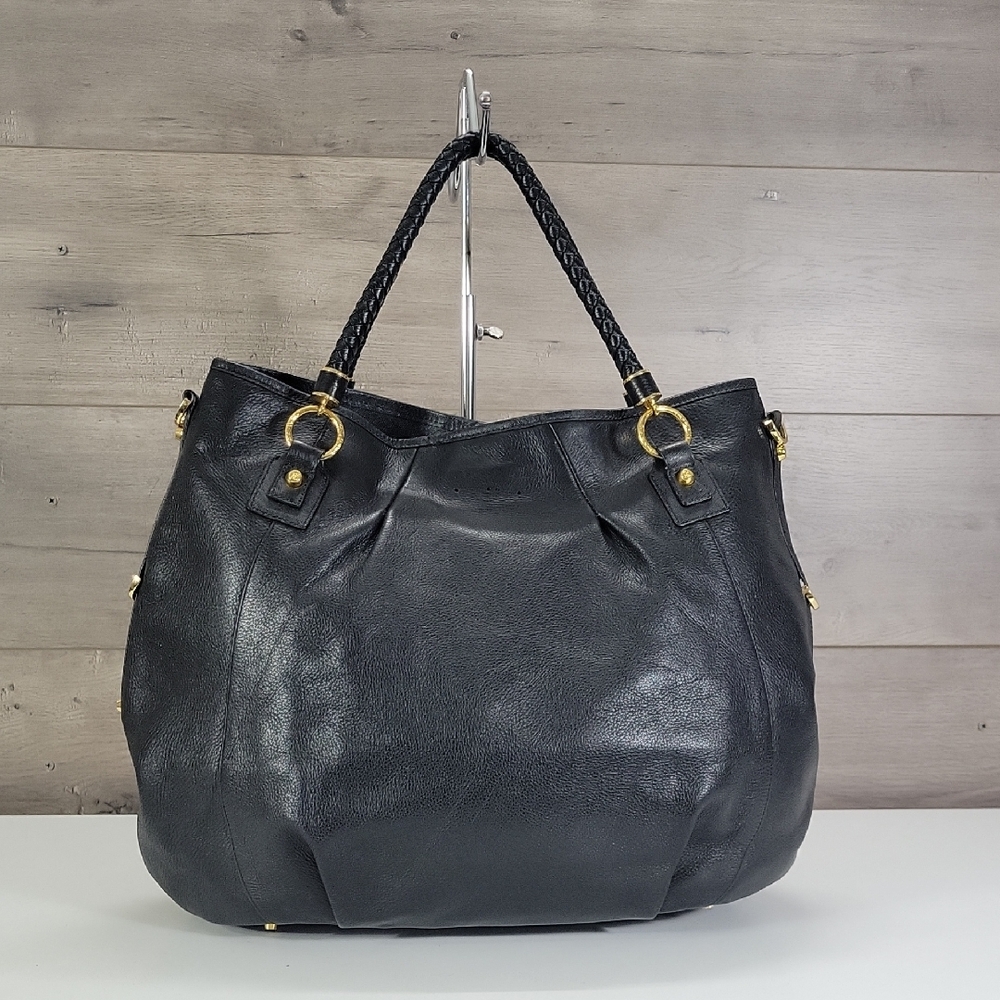 Ports Black Leather Tote Bag with Braided Handles and Gold Hardware